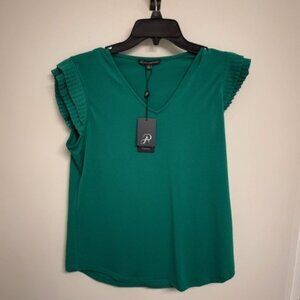 Adrianna Papell Pleated Sleeve V-Neck Top Vivid Green Small